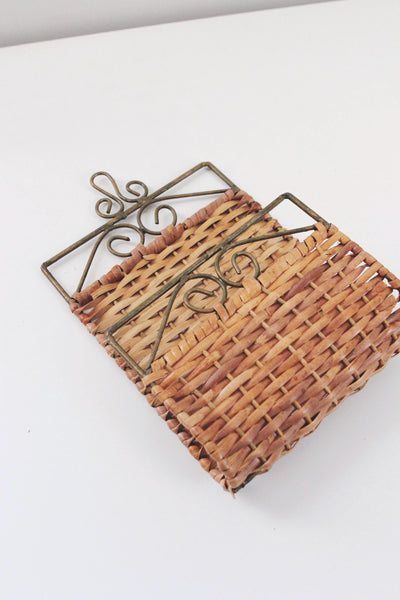 Vintage Wrought Iron Woven Wicker Wall-Mounted Rack Letter Mail Organizer