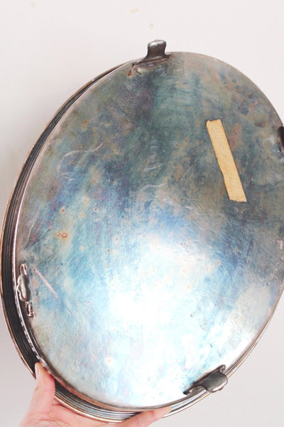 Vintage Ornate Silver Plated Engraved Oval Footed Serving Tray