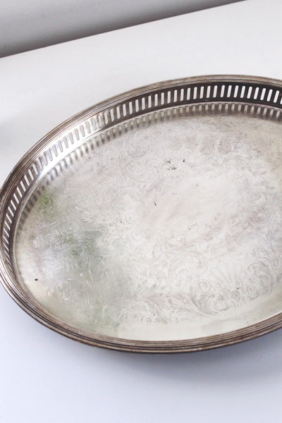 Vintage Ornate Silver Plated Engraved Oval Footed Serving Tray