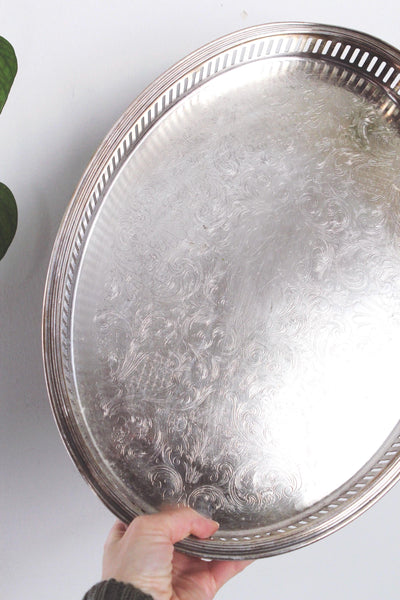 Vintage Ornate Silver Plated Engraved Oval Footed Serving Tray