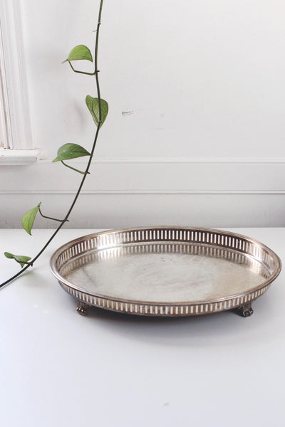 Vintage Ornate Silver Plated Engraved Oval Footed Serving Tray