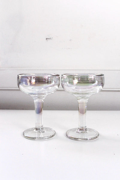 Vintage Iridescent Clear Glass Champagne Coupes Sorbet Cups Pair