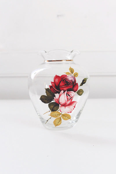 Vintage Rose Floral Gold Small Glass Vase