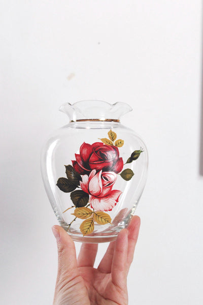 Vintage Rose Floral Gold Small Glass Vase