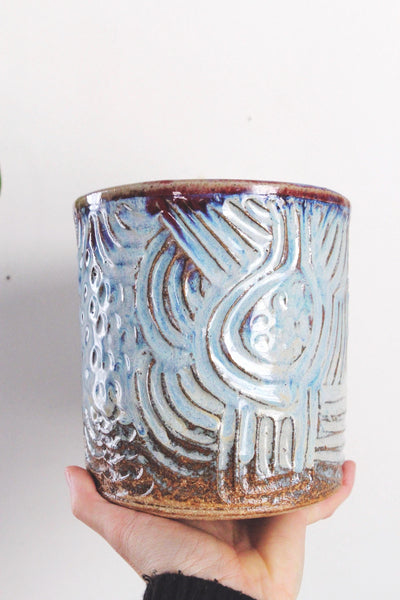 Hand Crafted Studio Pottery Blue Purple Scallop Planter Vase