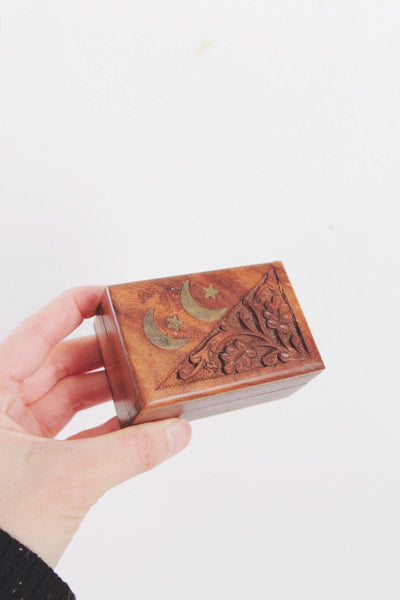 Vintage Hand-Carved Wooden Jewelry Trinket Box India Brass Inlay Moon Elephant | Sold Individually