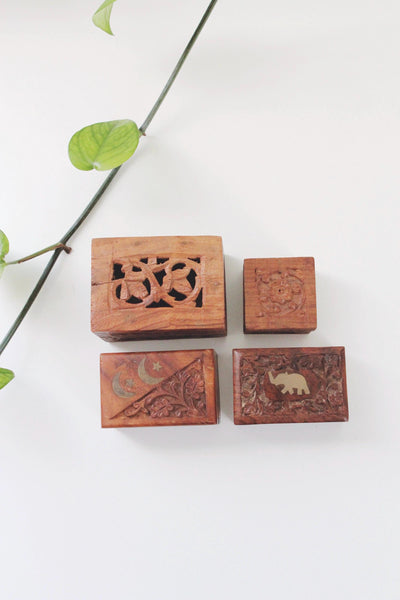 Vintage Hand-Carved Wooden Jewelry Trinket Box India Brass Inlay Moon Elephant | Sold Individually