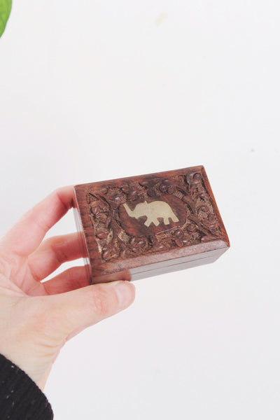Vintage Hand-Carved Wooden Jewelry Trinket Box India Brass Inlay Moon Elephant | Sold Individually