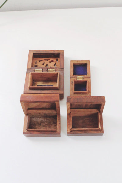 Vintage Hand-Carved Wooden Jewelry Trinket Box India Brass Inlay Moon Elephant | Sold Individually