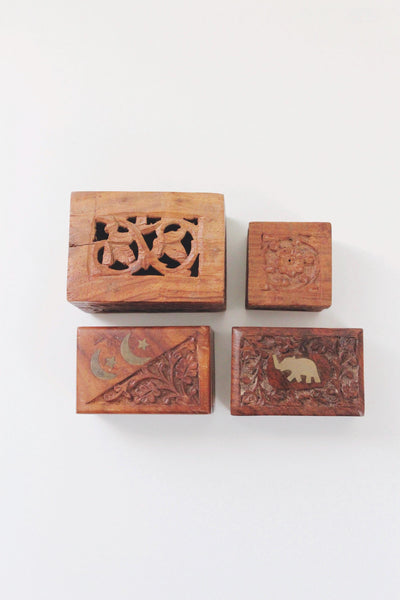Vintage Hand-Carved Wooden Jewelry Trinket Box India Brass Inlay Moon Elephant | Sold Individually