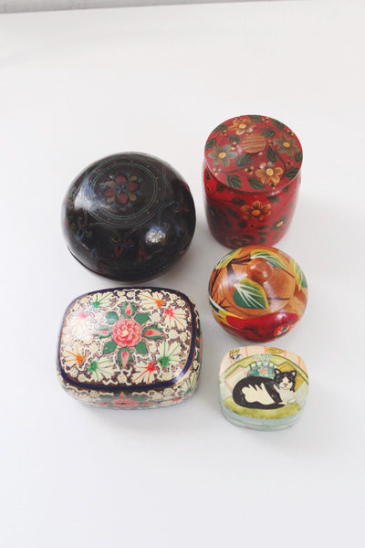 Vintage Kashmiri Hand Painted Paper Mache Trinket Box Cat Parrot Floral | Sold Individually