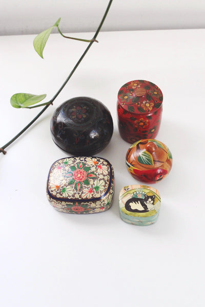 Vintage Kashmiri Hand Painted Paper Mache Trinket Box Cat Parrot Floral | Sold Individually