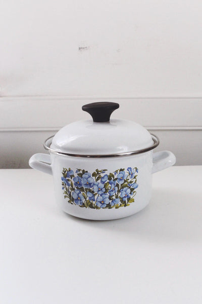 Vintage Blue Floral Small Enamel Casserole Pot Lidded