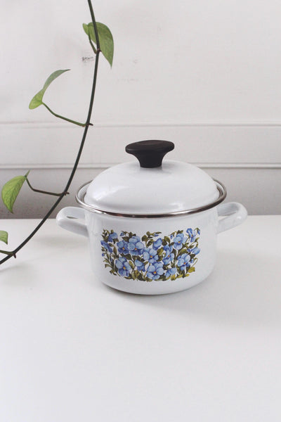 Vintage Blue Floral Small Enamel Casserole Pot Lidded