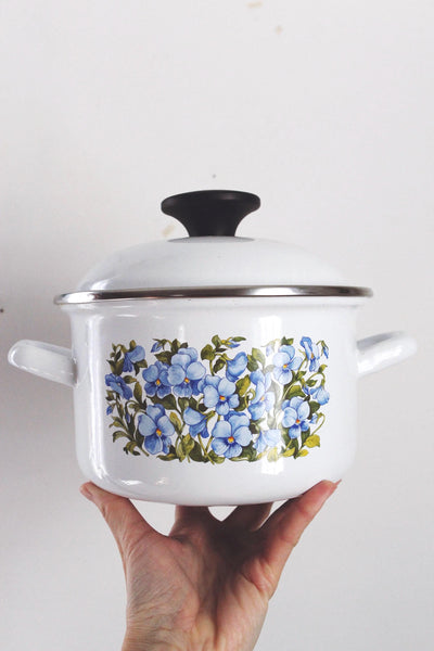 Vintage Blue Floral Small Enamel Casserole Pot Lidded