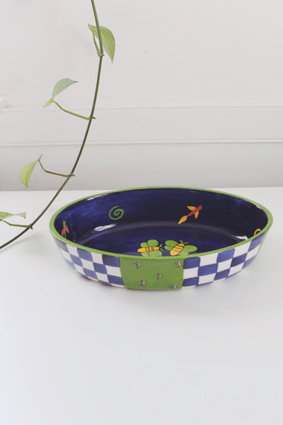 Vintage 90s Laurie Gates Ceramic Stoneware Hand Painted Oval Baking Dish Serving Tray Cottagecore Checkerboard Butterfly