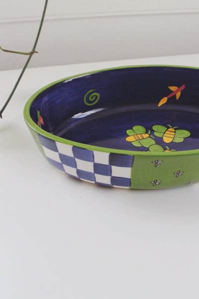 Vintage 90s Laurie Gates Ceramic Stoneware Hand Painted Oval Baking Dish Serving Tray Cottagecore Checkerboard Butterfly