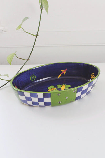 Vintage 90s Laurie Gates Ceramic Stoneware Hand Painted Oval Baking Dish Serving Tray Cottagecore Checkerboard Butterfly