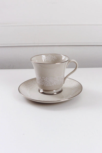 Vintage Gorham "Bridal Bouquet" Fine China Beige Floral Lace Tea Cup Saucer Set
