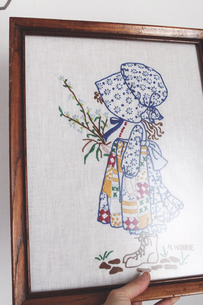 Vintage 70s Holly Hobbie Framed Needlework Crewel Embroidery Wall Art