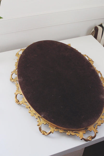 Vintage Ornate Brass Bronze Frame Oval Wall Mirror or Vanity Mirror Tray