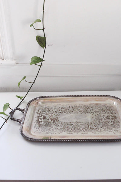 Vintage Ornate Victorian-Style Silver Plated Engraved Serving Tray Handled