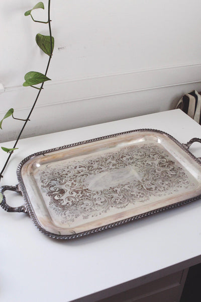 Vintage Ornate Victorian-Style Silver Plated Engraved Serving Tray Handled