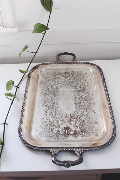 Vintage Ornate Victorian-Style Silver Plated Engraved Serving Tray Handled
