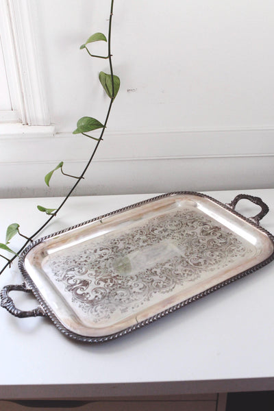 Vintage Ornate Victorian-Style Silver Plated Engraved Serving Tray Handled