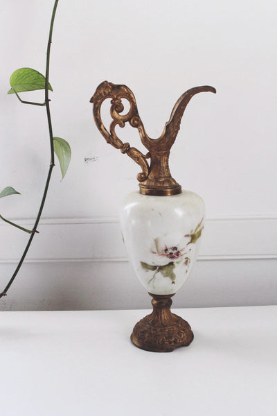 Vintage Antique Victorian Mantel Ewer Hand-Painted Glass