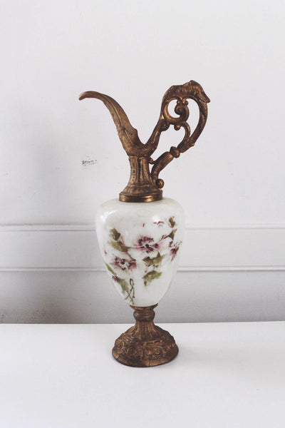 Vintage Antique Victorian Mantel Ewer Hand-Painted Glass
