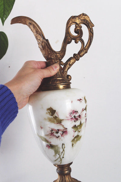 Vintage Antique Victorian Mantel Ewer Hand-Painted Glass