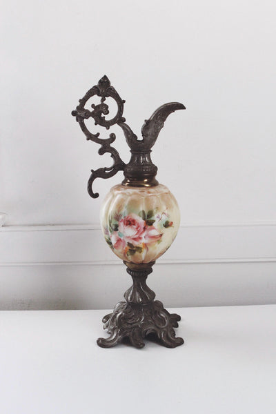 Vintage Antique Victorian Mantel Ewer Hand-Painted Glass