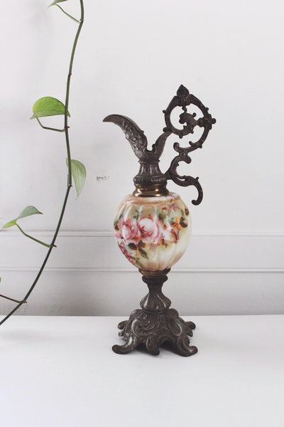 Vintage Antique Victorian Mantel Ewer Hand-Painted Glass