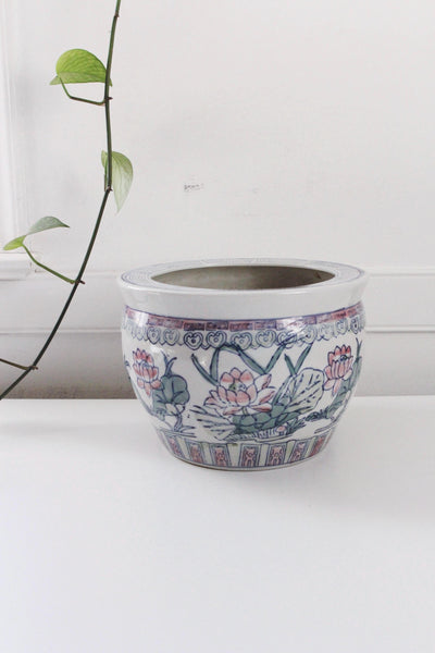 Vintage Chinese Chinoiserie Floral Porcelain Fishbowl Planter Pot