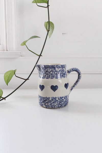 Vintage Friendship Pottery Gerald E. Henn Blue Spongeware Pitcher Heart Pattern