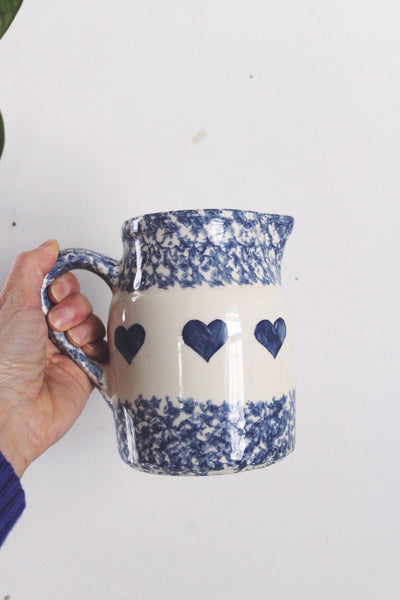 Vintage Friendship Pottery Gerald E. Henn Blue Spongeware Pitcher Heart Pattern