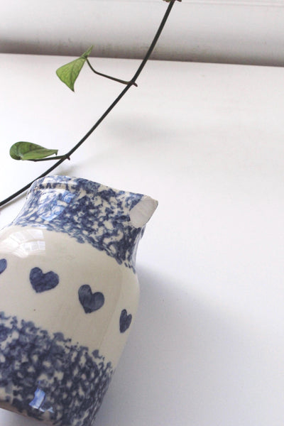 Vintage Friendship Pottery Gerald E. Henn Blue Spongeware Pitcher Heart Pattern