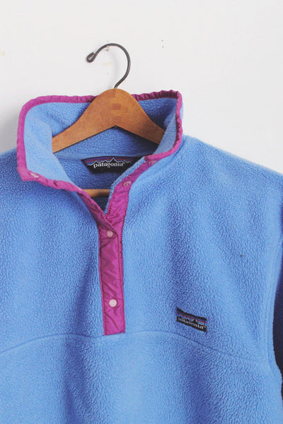 Vintage 80s 90s Patagonia Synchilla Fleece Blue Snap T Pullover Jacket Sweatshirt Small Medium USA Made