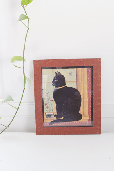 Vintage Framed Folk Art Black Cat Wall Art Print Signed and Framed by Hetherly Hale