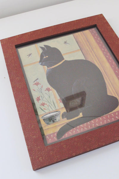 Vintage Framed Folk Art Black Cat Wall Art Print Signed and Framed by Hetherly Hale