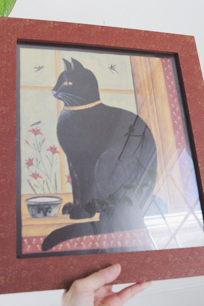 Vintage Framed Folk Art Black Cat Wall Art Print Signed and Framed by Hetherly Hale