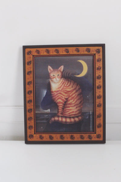 Vintage Framed Folk Art Striped Cat Moon Wall Art Print Signed and Framed by T.J. Graham