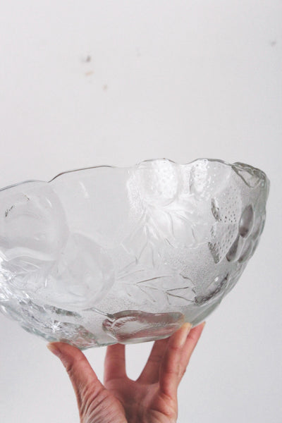 Vintage Large Fruit Embossed Clear Glass Fruit Bowl Centerpiece
