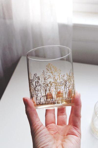 Vintage Gold Decal Trees Branches Rocks Glasses Tumblers Set Pair
