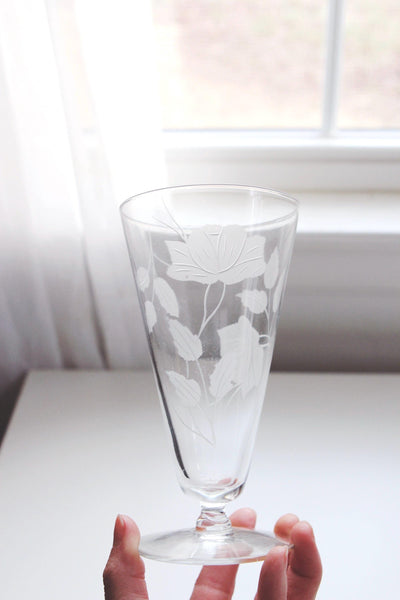 Vintage Etched Floral Footed Crystal Glasses Set Pair