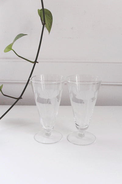 Vintage Etched Floral Footed Crystal Glasses Set Pair