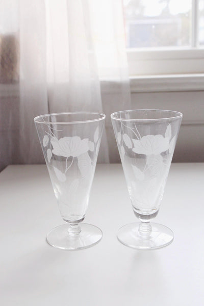 Vintage Etched Floral Footed Crystal Glasses Set Pair