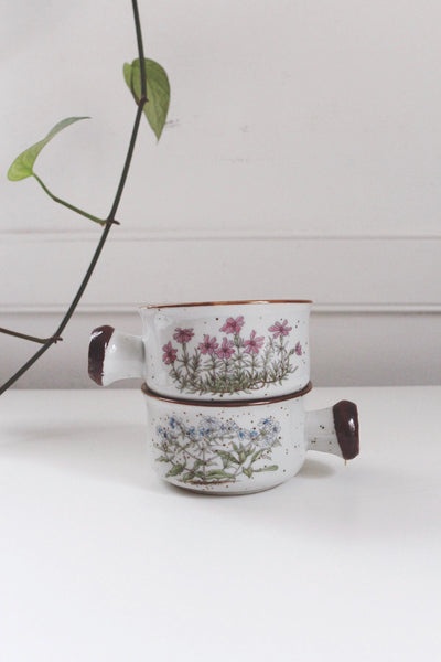 Vintage 70s Takahashi Wildflower Floral Speckled Stoneware Soup Mugs Bowls