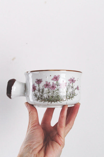 Vintage 70s Takahashi Wildflower Floral Speckled Stoneware Soup Mugs Bowls